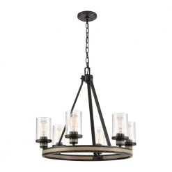 Beaufort 6-Light Anvil Iron Wagon Wheel Chandelier with Glass Shades by Titan Lighting