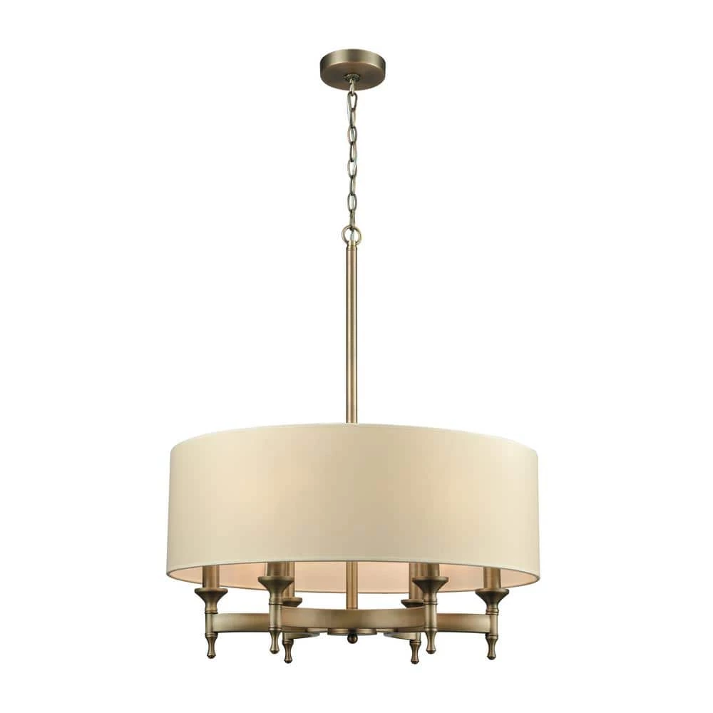 Pembroke 6-Light Brushed Antique Brass Chandelier with Light Tan Fabric Shade by Titan Lighting 3 Pembroke 6-Light Brushed Antique Brass Chandelier with Light Tan Fabric Shade by Titan Lighting