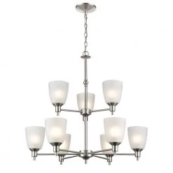 9-Light Brushed Nickel Tiered Chandelier with Glass Shades by Titan Lighting