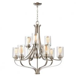9-Light Brushed Nickel Tiered Chandelier with Glass Shades by Titan Lighting