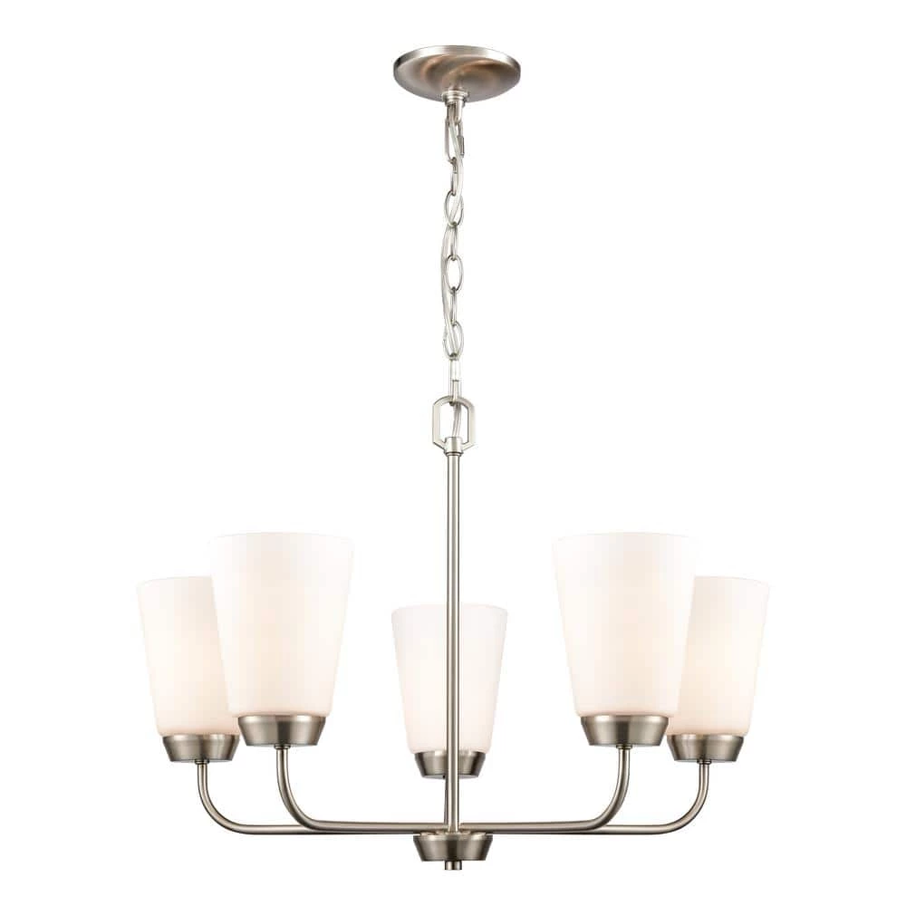 5-Light Brushed Nickel Candelabra Chandelier with Glass Shades by Titan Lighting 3 5-Light Brushed Nickel Candelabra Chandelier with Glass Shades by Titan Lighting