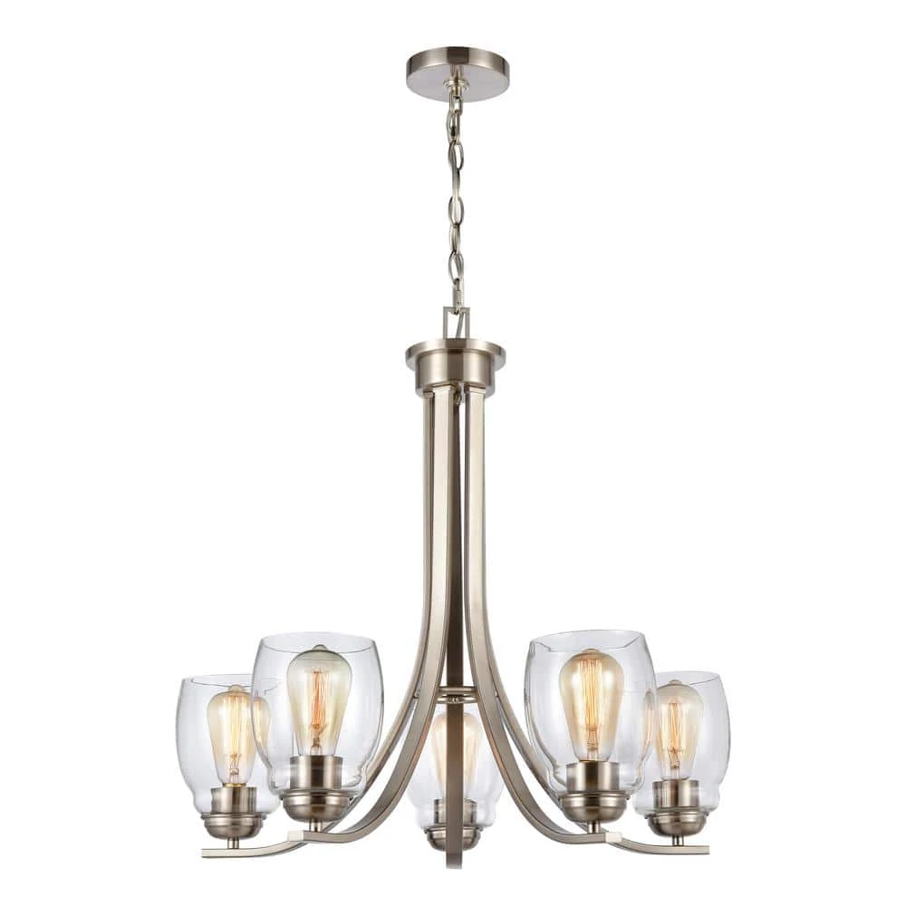 5-Light Brushed Nickel Tiered Chandelier with Glass Shades by Titan Lighting 3 5-Light Brushed Nickel Tiered Chandelier with Glass Shades by Titan Lighting