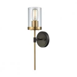 North Haven 1-Light Oil Rubbed Bronze with Satin Brass Accents And Clear Glass Sconce by Titan Lighting