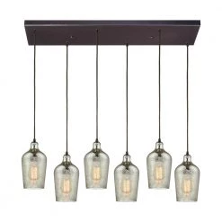 Hammered Glass 6-Light Rectangle in Oil Rubbed Bronze with Hammered Mercury Glass Pendant by Titan Lighting