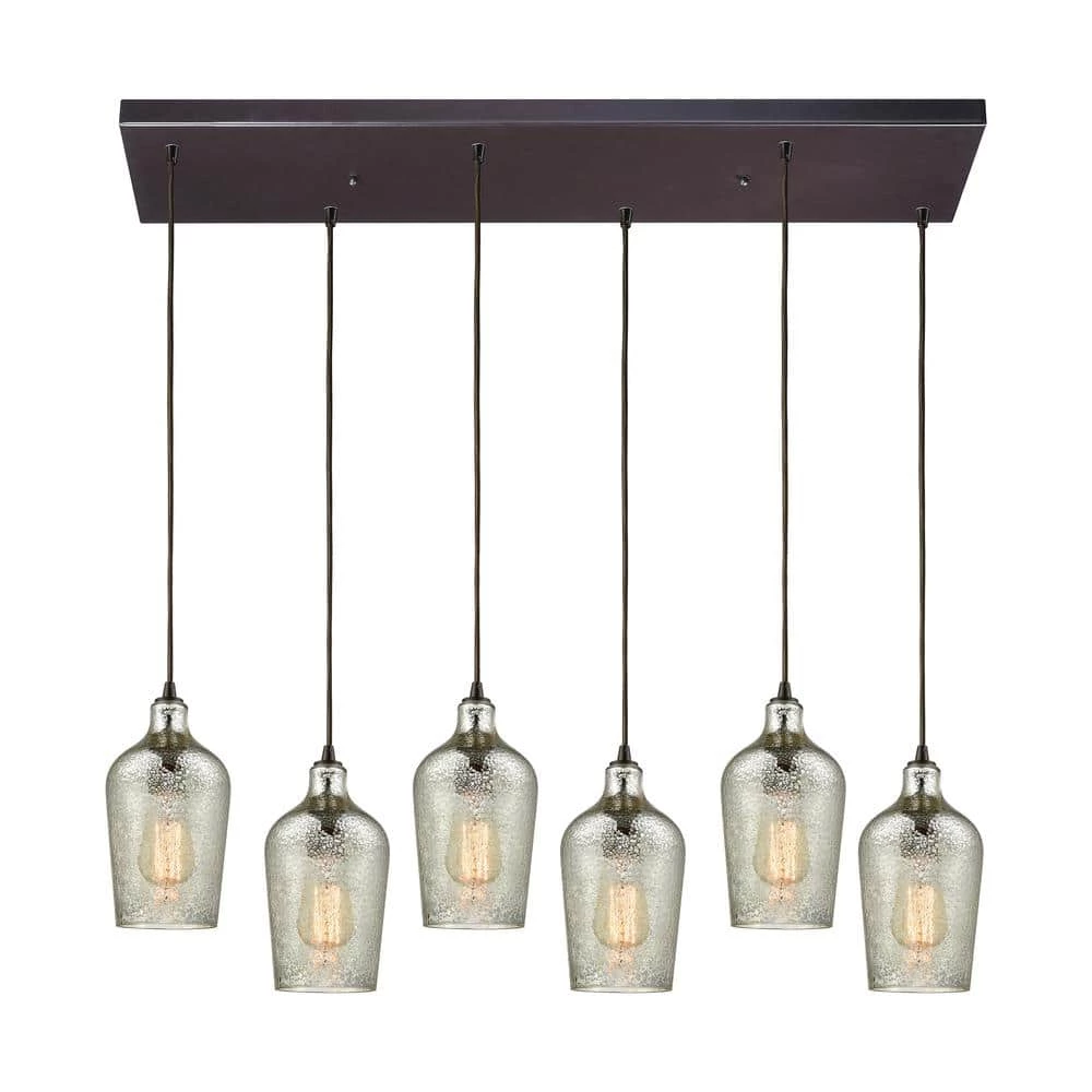 Hammered Glass 6-Light Rectangle in Oil Rubbed Bronze with Hammered Mercury Glass Pendant by Titan Lighting 3 Hammered Glass 6-Light Rectangle in Oil Rubbed Bronze with Hammered Mercury Glass Pendant by Titan Lighting