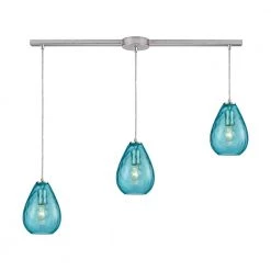 Lagoon 3-Light Linear Bar in Satin Nickel with Aqua Water Glass Pendant by Titan Lighting