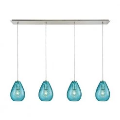 Lagoon 4-Light Linear Pan in Satin Nickel with Aqua Water Glass Pendant by Titan Lighting