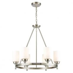Dawson 6-Light Satin Nickel Wagon Wheel Chandelier with Glass Shades by Titan Lighting