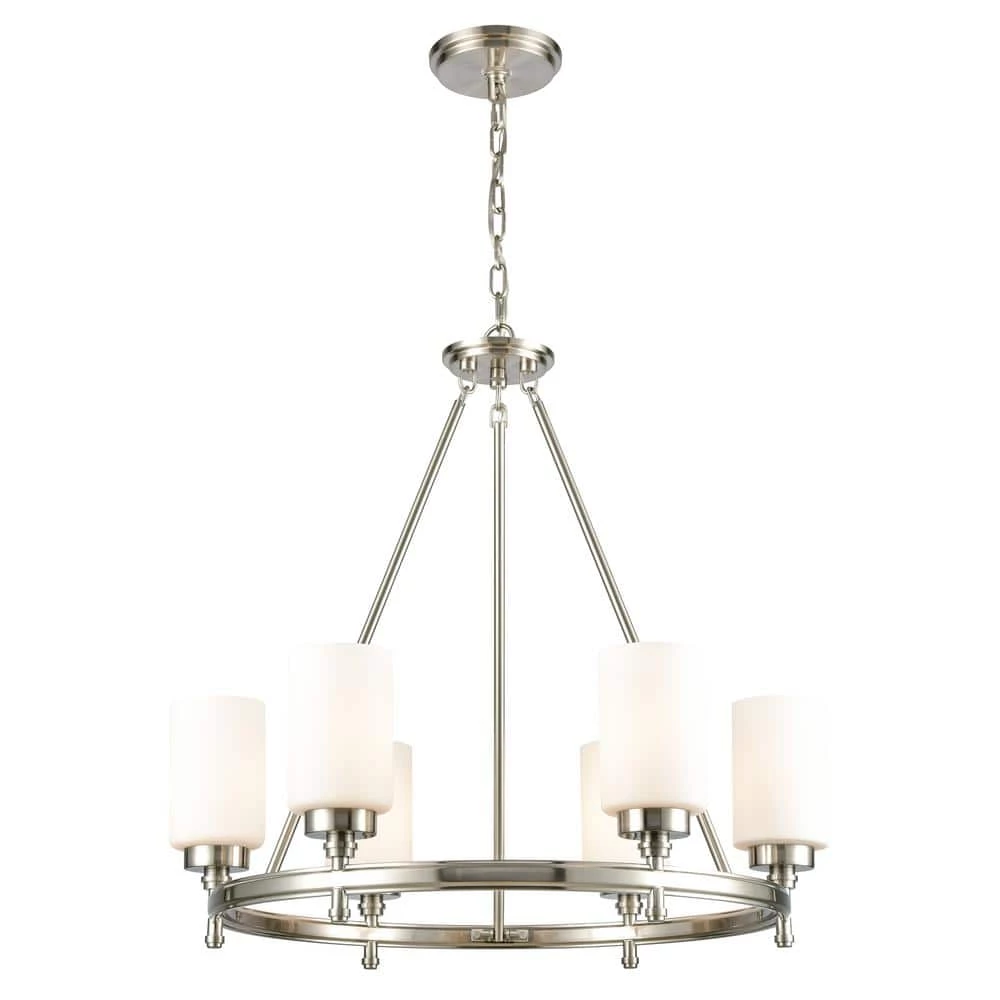 Dawson 6-Light Satin Nickel Wagon Wheel Chandelier with Glass Shades by Titan Lighting 3 Dawson 6-Light Satin Nickel Wagon Wheel Chandelier with Glass Shades by Titan Lighting