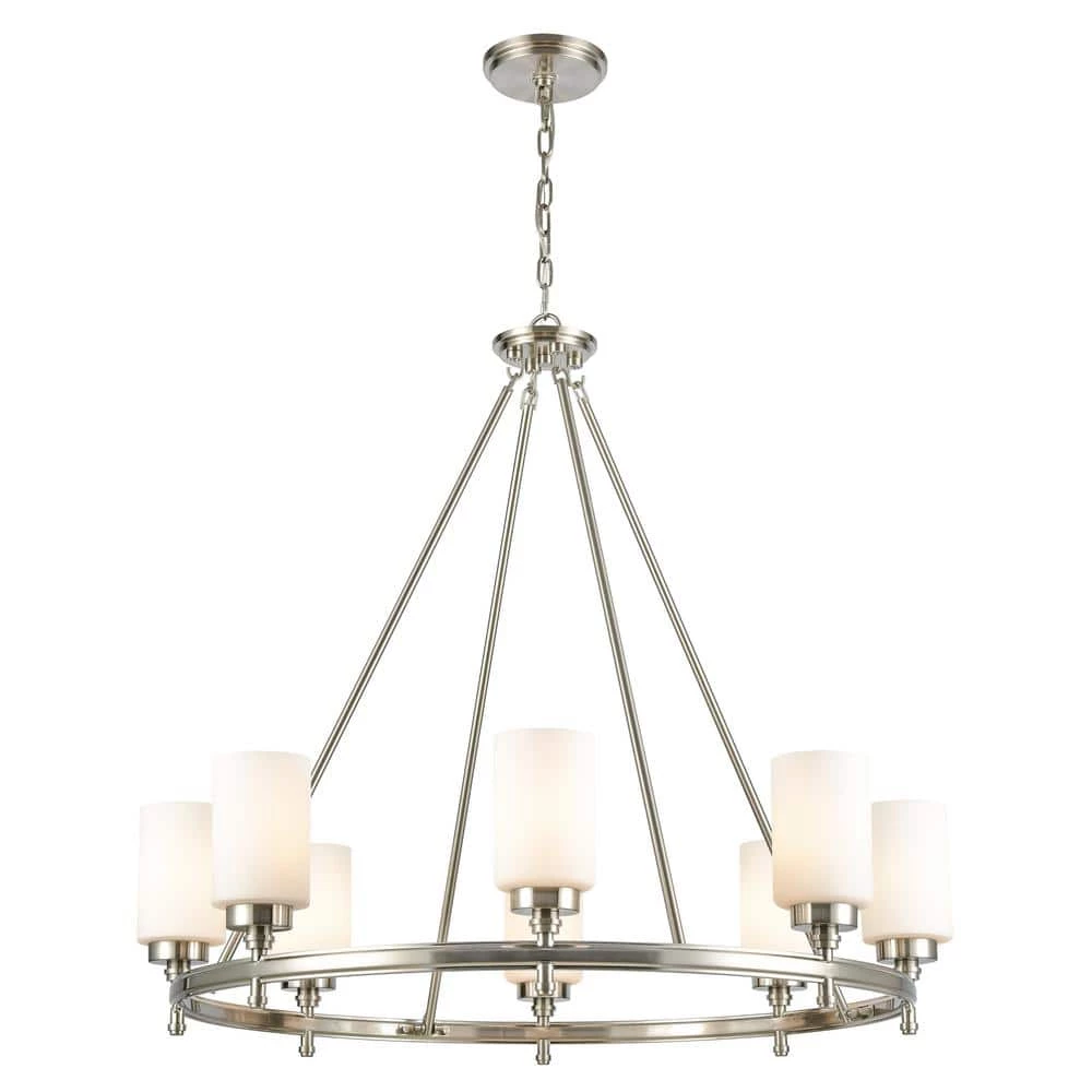Dawson 8-Light Satin Nickel Wagon Wheel Chandelier with Glass Shades by Titan Lighting 3 Dawson 8-Light Satin Nickel Wagon Wheel Chandelier with Glass Shades by Titan Lighting