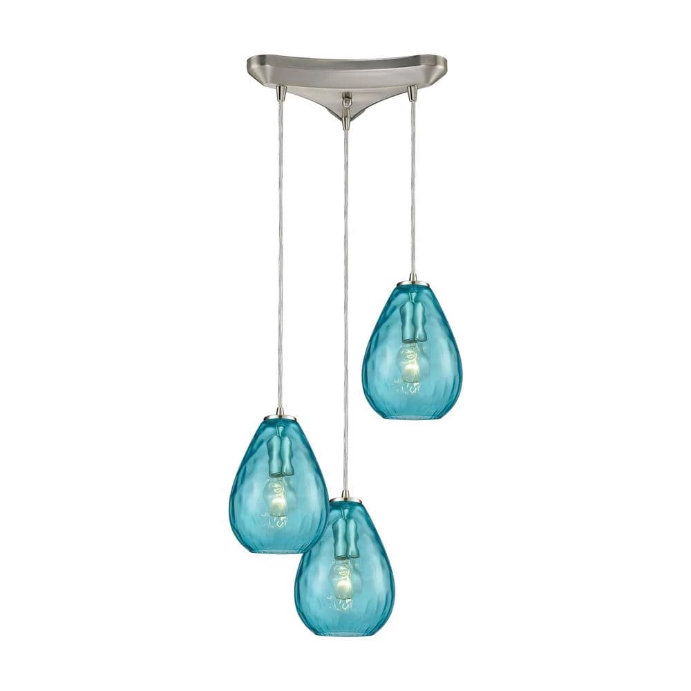 Lagoon 3-Light Triangle Pan in Satin Nickel with Aqua Water Glass Pendant by Titan Lighting 3 Lagoon 3-Light Triangle Pan in Satin Nickel with Aqua Water Glass Pendant by Titan Lighting