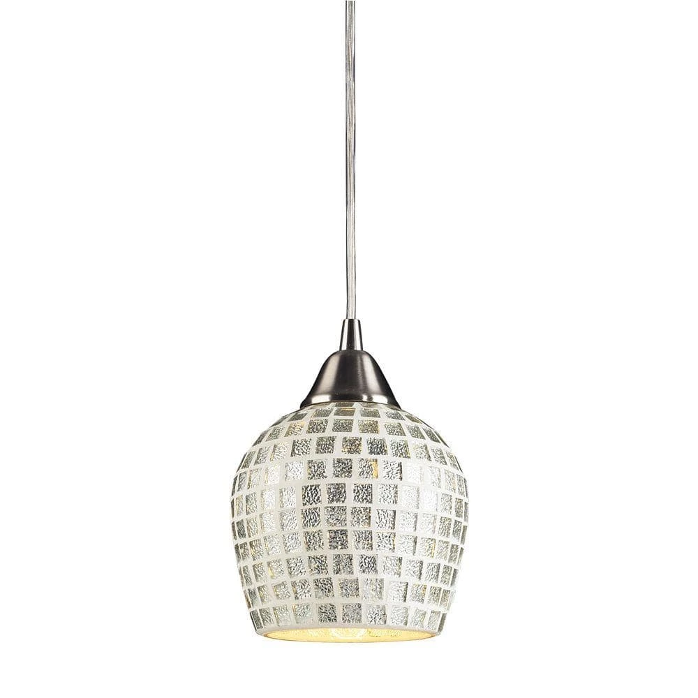 Fusion 1-Light Satin Nickel Pendant with Silver Mosaic Glass by Titan Lighting 3 Fusion 1-Light Satin Nickel Pendant with Silver Mosaic Glass by Titan Lighting