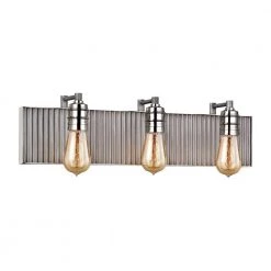Corrugated Steel 3-Light Weathered Zinc and Polished Nickel Vanity Light by Titan Lighting