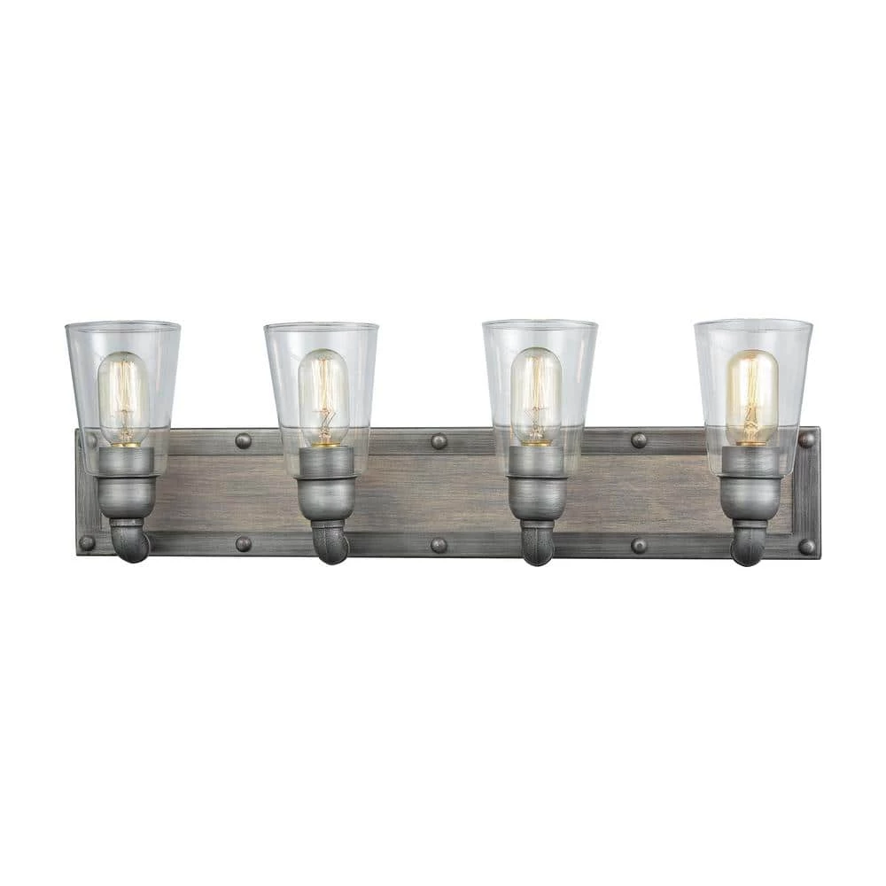 Platform 4-Light Weathered Zinc with Washed Wood and Clear Glass Bath Light by Titan Lighting 3 Platform 4-Light Weathered Zinc with Washed Wood and Clear Glass Bath Light by Titan Lighting